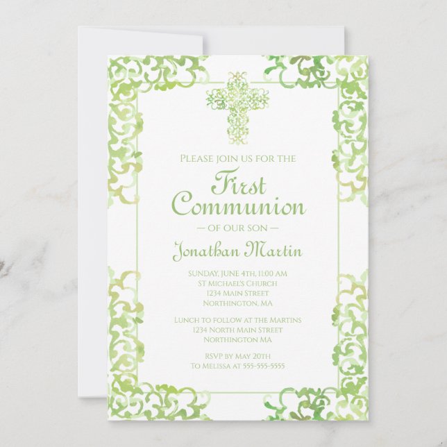 First Communion Cross Green Damask Christian Boy Invitation (Front)