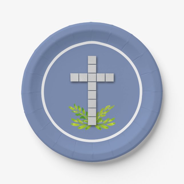 First Communion Cross on Blue Grey Paper Plate (Front)