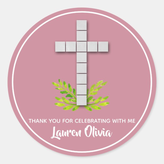 First Communion Cross on Dusty Rose Classic Round Sticker (Front)