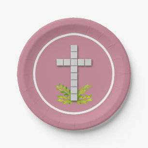 First Communion Cross on Dusty Rose Paper Plate