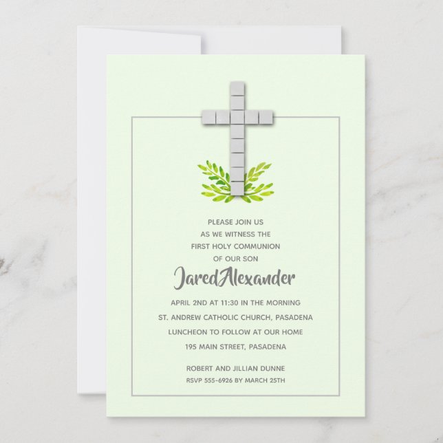 First Communion Cross on Pale Green Invitations (Front)