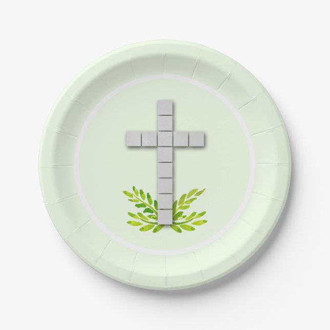 First Communion Cross on Pale Green Paper Plate (Front)