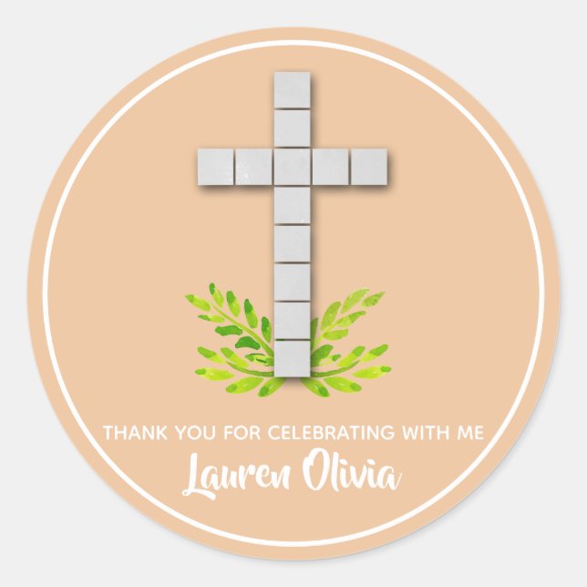 First Communion Cross on Peach Classic Round Sticker (Front)