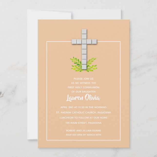 First Communion Cross on Peach Invitations (Front)