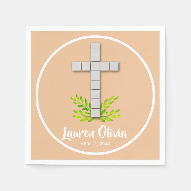 First Communion Cross on Peach Napkin (Front)