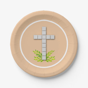 First Communion Cross on Peach Paper Plate