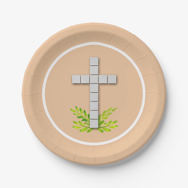 First Communion Cross on Peach Paper Plate (Front)
