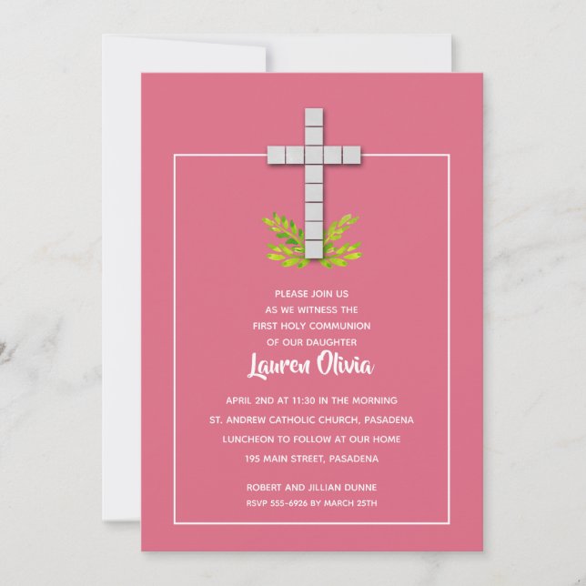 First Communion Cross on Pink Invitations (Front)