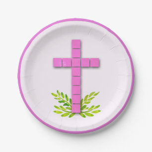 First Communion Cross on Pink Paper Plate