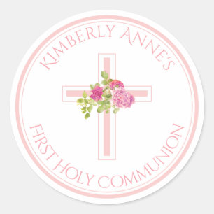 First Communion Cross Pink Roses Monogrammed Name Classic Round Sticker