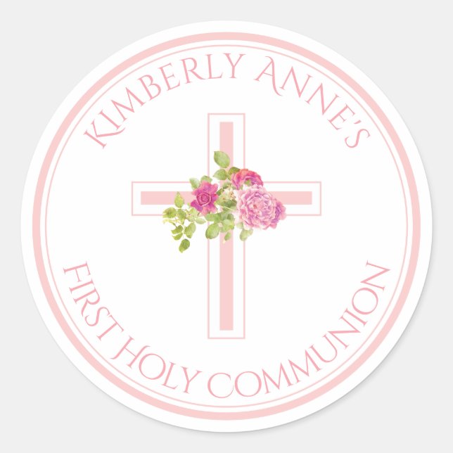 First Communion Cross Pink Roses Monogrammed Name Classic Round Sticker (Front)