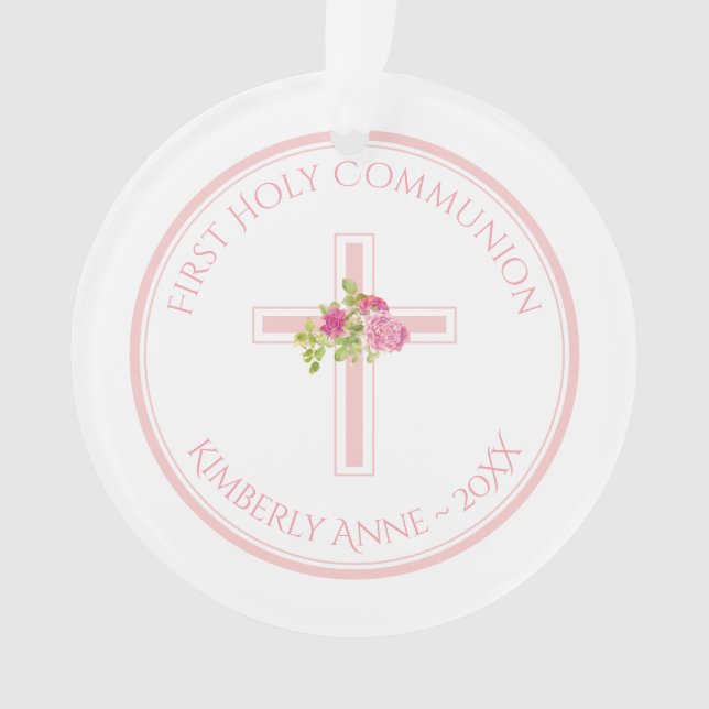 First Communion Cross Pink Roses Monogrammed Name Ornament (Front)