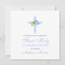 First Communion Cross with Blue Roses Square