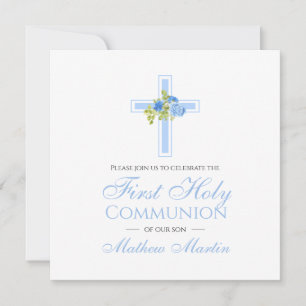 First Communion Cross with Blue Roses Square Invitation