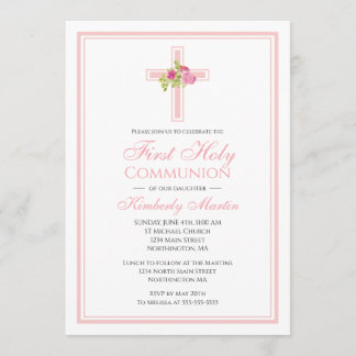 First Communion Cross with Pink Roses Christian Invitation