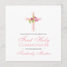 First Communion Cross with Pink Roses Square