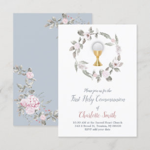 first communion delicate floral watercolor invitation
