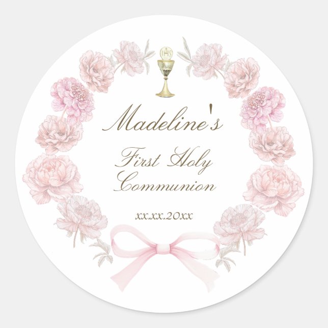 first communion delicate peonies frame classic round sticker (Front)