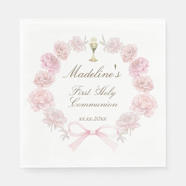 first communion delicate peonies frame napkin (Front)