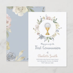 first communion delicate watercolor flowers invitation