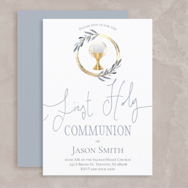 first communion dusty blue and faux gold circle invitation (Creator Uploaded)