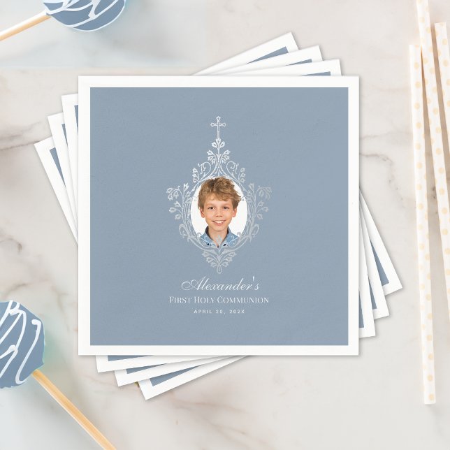 First Communion Dusty Blue Elegant Boy Photo Napkin (Creator Uploaded)
