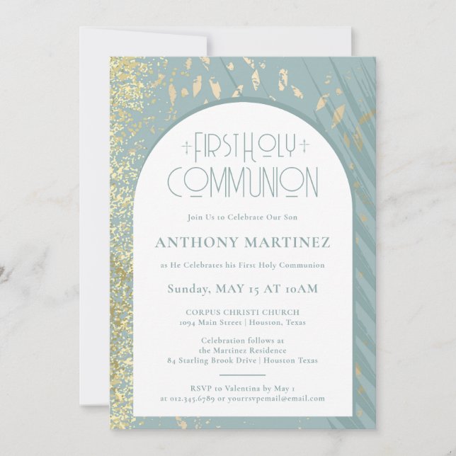 First Communion Dusty Blue Gold Glitter Dust Arch Invitation (Front)