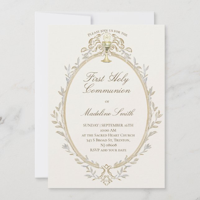first communion elegant beige frame invitation (Front)