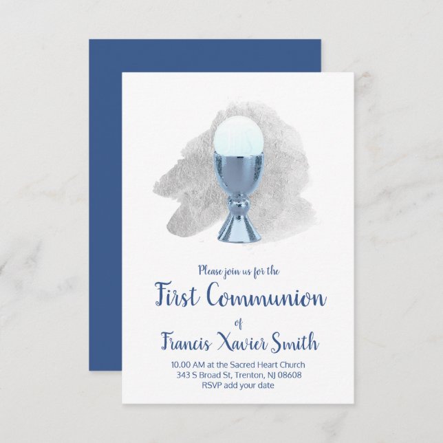 first communion elegant blue chalice invitation (Front/Back)