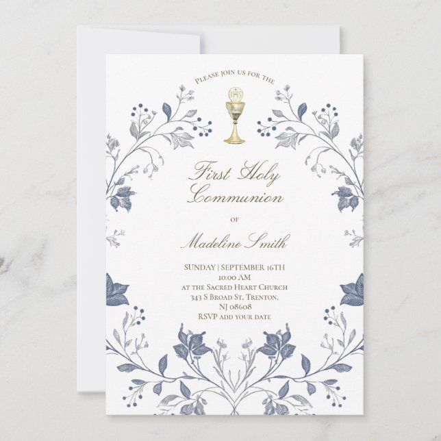 first communion elegant blue frame invitation (Front)