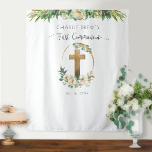 First Communion, Elegant Greenery Photo Backdrop Tapestry