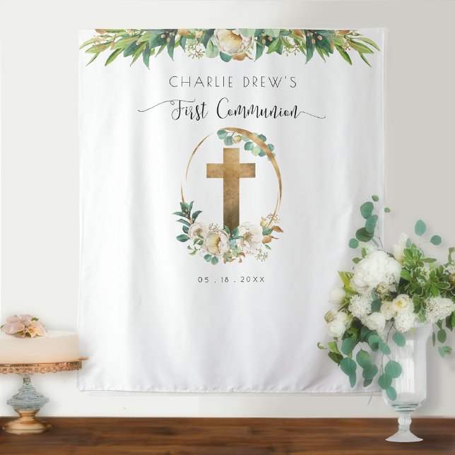 First Communion, Elegant Greenery Photo Backdrop Tapestry (Creator Uploaded)