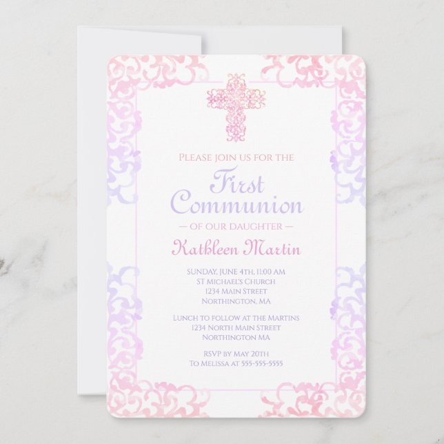 First Communion Elegant Pastel Damask Cross Girl Invitation (Front)