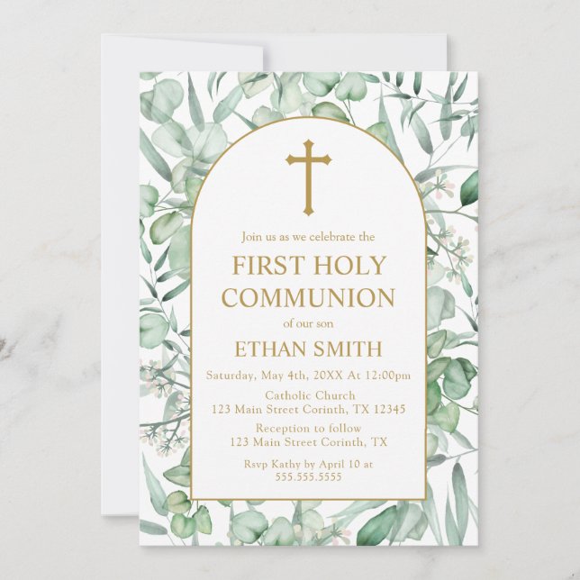 First Communion Eucalyptus leaves Invitation (Front)
