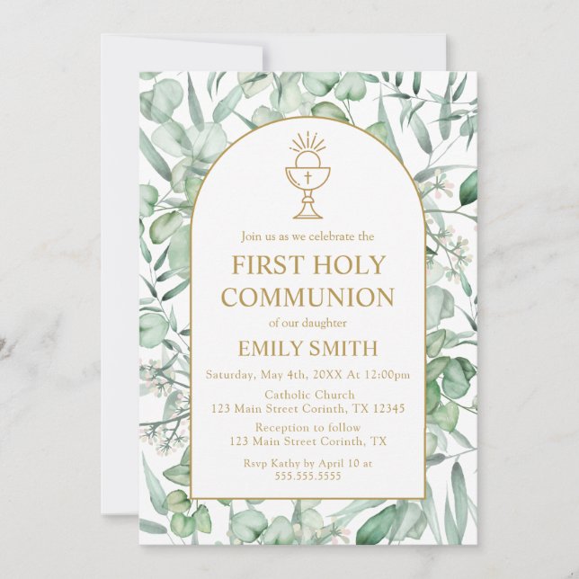 First Communion Eucalyptus leaves Invitation (Front)