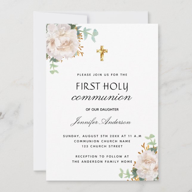 First communion eucalyptus white floral invitation (Front)