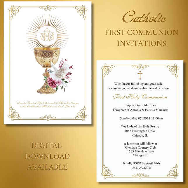 First Communion Eucharist Holy Spirit Floral  Invitation (Creator Uploaded)