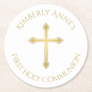 First Communion Faux Cross Monogrammed Name Round Paper Coaster