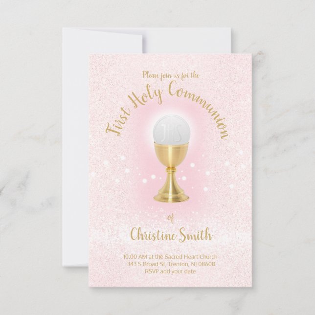First Communion faux glitter Catholic girl Invitation (Front)