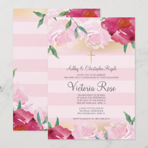First Communion ~ Faux Gold Floral Pink Stripe Invitation