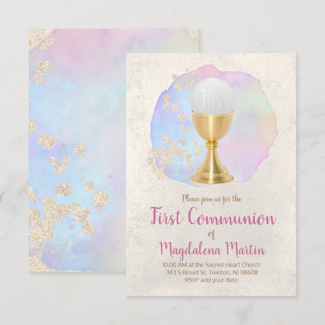 first communion  FAUX gold foil and watercolor Invitation (Front/Back)