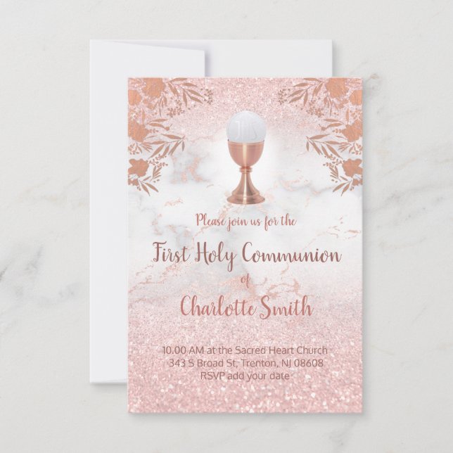 first communion faux pink glitter invitation (Front)