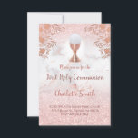 first communion faux pink glitter invitation<br><div class="desc">pink marble and faux pink glitter first communion invitation</div>