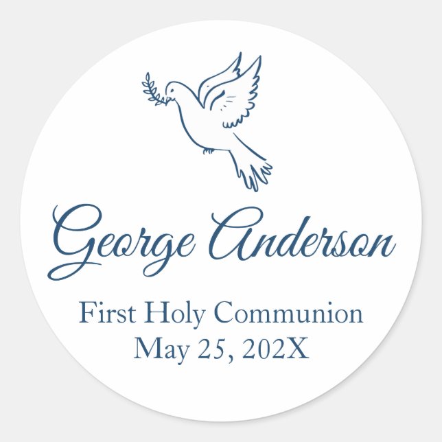 First Communion Favour Sticker Blue Dove (Front)