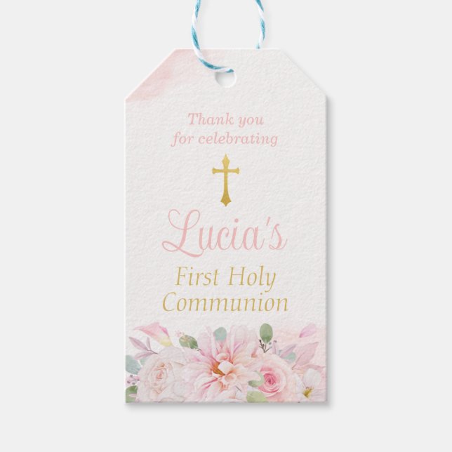 First Communion Favour Tag in Pink Floral  (Front)