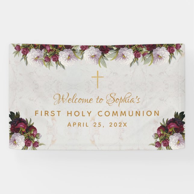 First Communion Floral Burgundy Peonies Welcome  Banner (Horizontal)