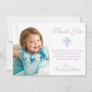 First Communion Floral Cross Lavender Aqua Photo Thank You Card