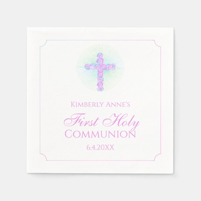 First Communion Floral Cross Lavender Monogrammed Napkin (Front)