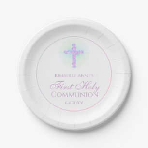 First Communion Floral Cross Lavender Monogrammed Paper Plate