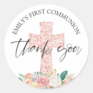First Communion Floral Cross Rose Pink Thank You Classic Round Sticker